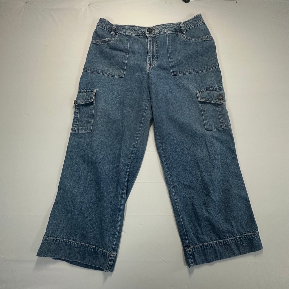 Cherokee Brand Womens Denim Cargo Wide Leg Cropped Jeans Size 14 Medium Wash